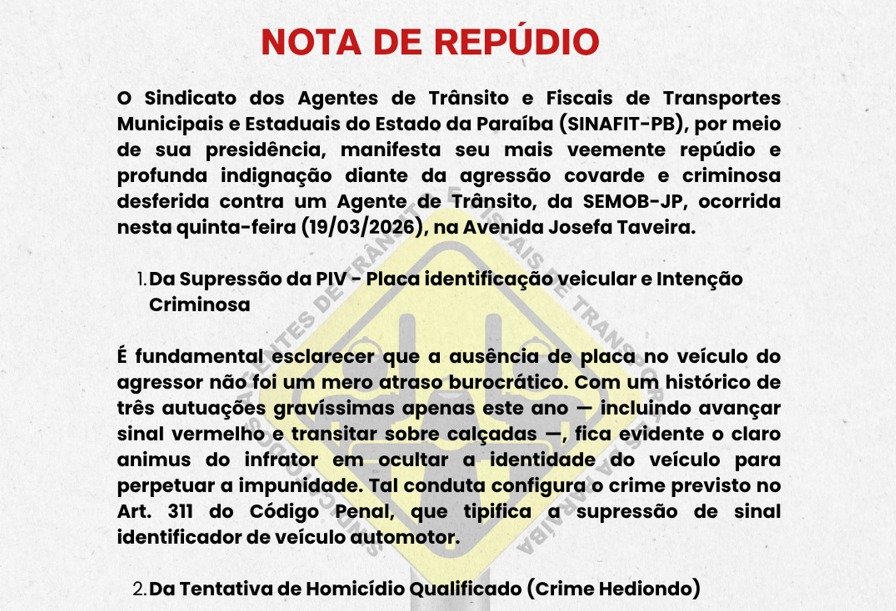 SINAFIT-PB repudia tentativa de homicídio contra agente de trânsito em João Pessoa